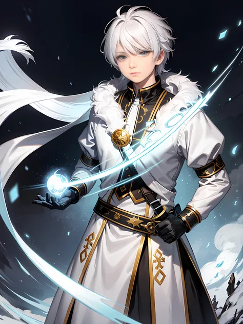 an 8-year-old boy with white hair and silver eyes, known for having great combat skills with ice magic. he wears white clothes l...