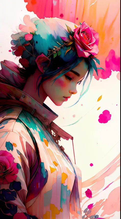 wtrcolor style, (rose) digital art, official art, blown by the wind, masterpiece, beautiful, ((watercolor)), paint splatter, intricate detail. Great detail, [dripping:0.7], Trending on Artstation, Rachel Walker