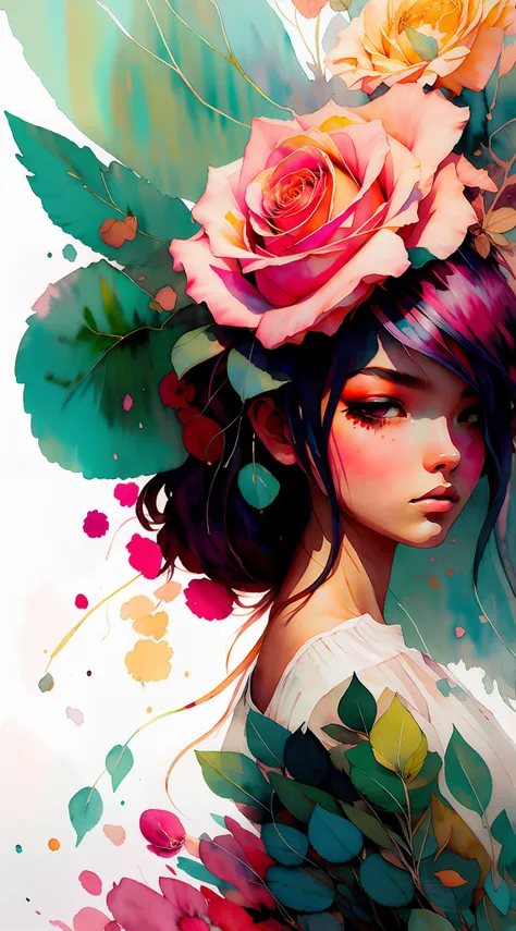 wtrcolor style, (rose) digital art, official art, blown by the wind, masterpiece, beautiful, ((watercolor)), paint splatter, intricate detail. Great detail, [dripping:0.7], Trending on Artstation, Rachel Walker