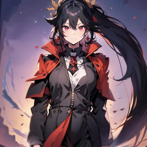 (black haired deity:1.3), (tall anime guy:0.9), (dark eyes:0.8), 1girl in a black coat and red tie, standing tall and proud prus...