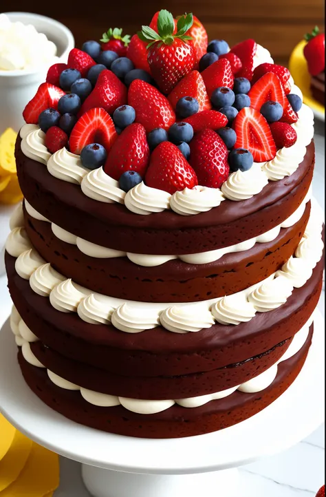 chocolate cake with strawberries, fruits, cheerful arrangements, realistic, 8k,