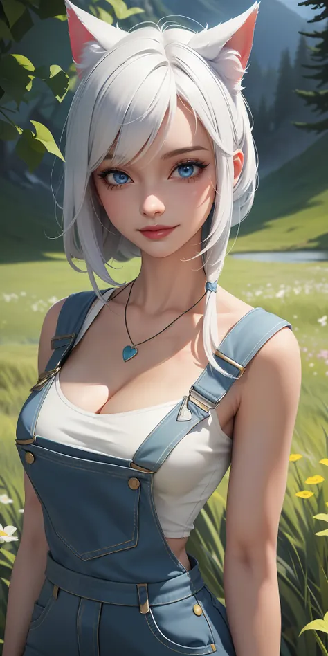 (masterpiece:1.2, best quality), (1lady, solo, upper body:1.2), small tits, dark makeup, Face close-up, Smile, (white hair), blue eyes, cat ears, (blue overalls), (dark lipstick), miqote, final fantasy xiv, ((seductive)), nipple outline, (bangs), blue hear...