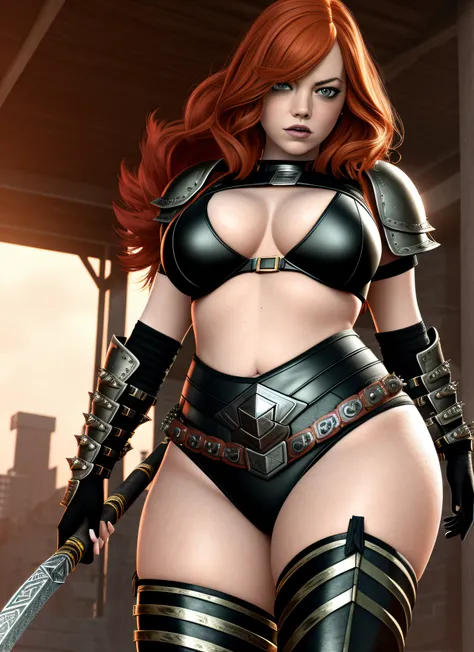 Emma Stone, Portrait Awarded, Sexy Punk Goth Warrior Woman Wearing Armor, by Frank Fasetta, Barbarian, Hardcore, Horror, Post-Apocalyptic, Octane Render, 3D Render, Detailed Skin, Dynamic Lighting, 4K, HDR, Chubby, Curvilinea, Plump, Green Eyes, Extremely ...