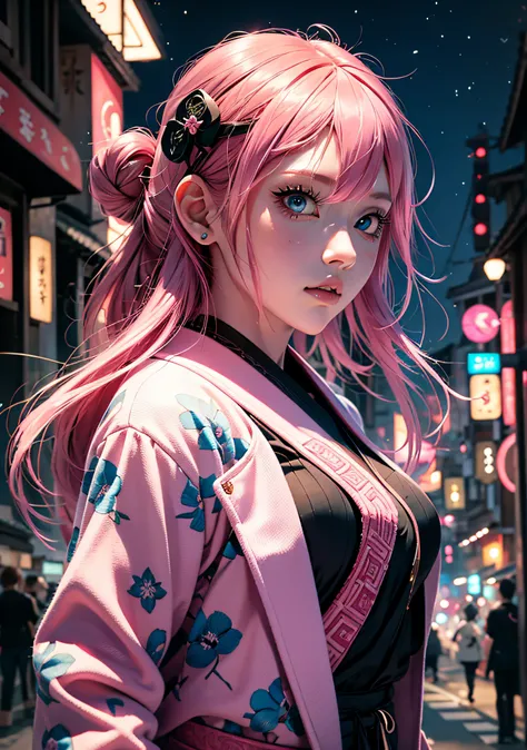 girl with pink hair blue eyes holding a katana to fubdo a japanese city at night with a lalamborghini in the background black pi...