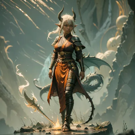 full body, photo of a halfling woman, black skin, horns and dragon tail, half white dragon, dungeons and dragons, buddhist monk,...