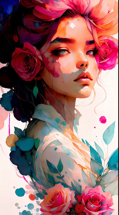 wtrcolor style, (rose) digital art, official art, blown by the wind, masterpiece, beautiful, ((watercolor)), paint splatter, int...