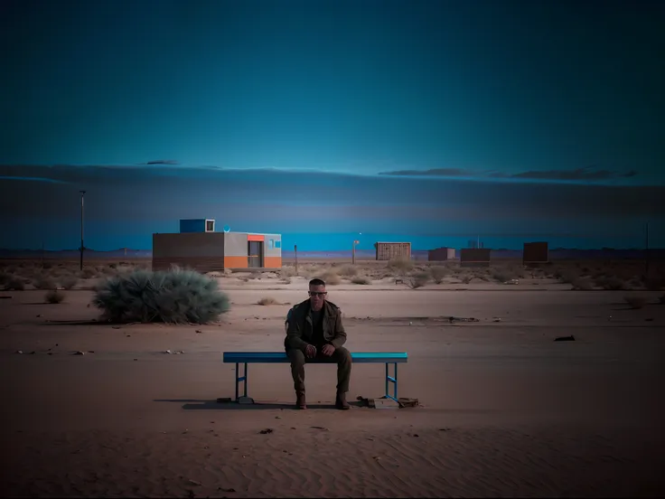 young man sitting on a square bench, totally alone and isolated, with desert background, russianebenya, cyberpunk, dark night, f...