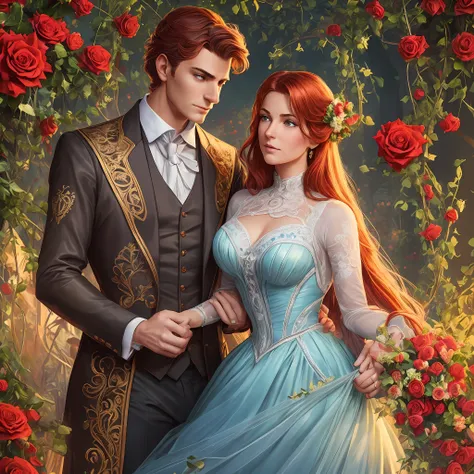 ((victorian couple)), blonde man with dark suit, red-haired woman in light blue dress, romance, realistic, detailed faces, artwo...