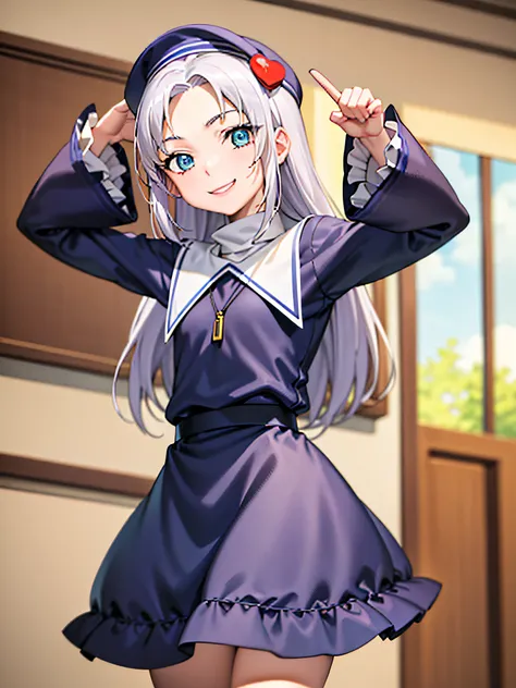 (best quality:1.1), (masterpiece:1.4), (absurdres:1.0), portrait, close-up, 1girl, takayama maria, silver hair, flat chest, blue eyes, long hair, shirt and skirt, looking at viewer, park, smile