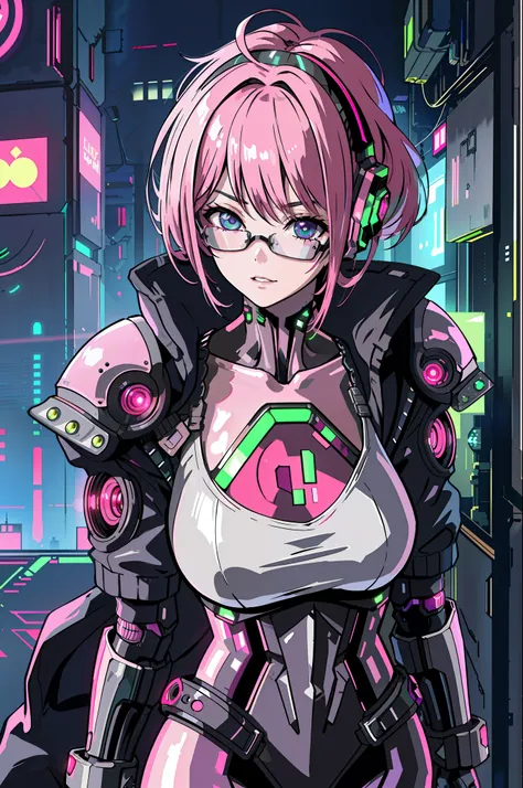 1girl, close-up, intricate details, (cyberpunk:1.4), mechanical arms, glasses, messy hair, (shiny neon armor:1.2), machines, bla...