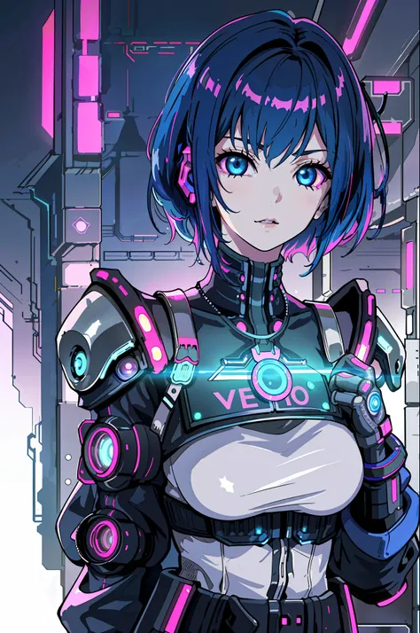 1girl, close-up, intricate details, (cyberpunk:1.4), mechanical arms, stars on shoulder straps, disheveled hair, (shiny neon arm...