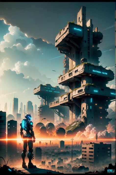 ((wide view)), wasteland, (city ruins), ((a cyberpunk robot standing in front of the wreckage of a huge mechanical building)), (...