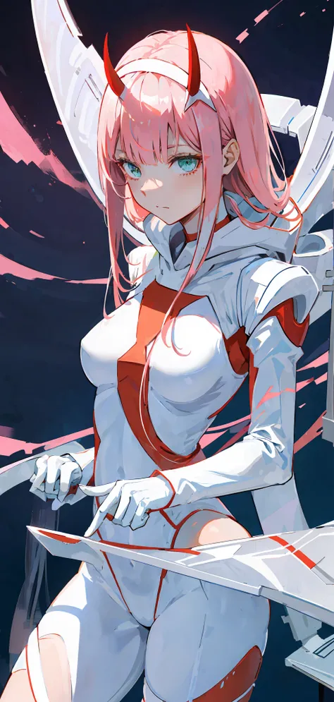zero two (darling in franxx), darling in franxx, 1girl, bangs, bite, shadow, green eyes, hair behind head, horns, long hair, looking at viewer, big thighs, makeup, small breasts, pilot suit, white bodysuit, hood, pink hair, red eyeshadow, science fiction, ...
