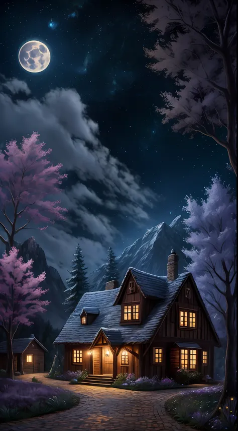 buttons, house, building, hansel and gretel, (realism), (masterpiece), (cinematic lighting), cobblestones, 8k vibrant colors, mountain, scary, flying insect, full body photo of the worlds most beautiful artwork, carpet, black background, cute digital art, ...