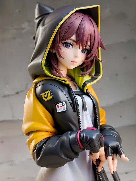 Girl, wearing a hood, neon color, holding a weapon, machine, white background, no background,