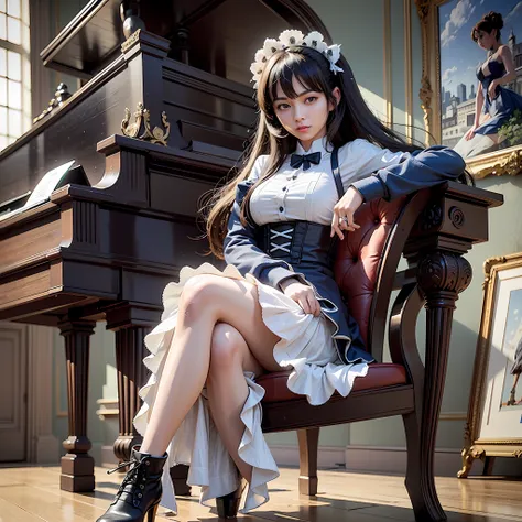 in a room of a high-rise apartment in tokyo, there is a slender young woman sitting in front of a special high-class grand piano...