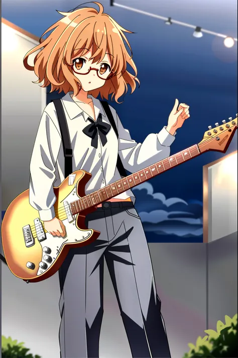 mirai kuriyama in casual clothes playing a black fender jazzmaster at an evening show, vhs, 90s, vintage, standing, detailed, wh...