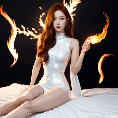 (Best Quality, Masterpiece: 1.1), (Reality: 1.4), 1 girl, long red hair, curly hair, blue eyes, face, flaming red lips, oversized breasts, her hands covering her breasts, tight legs, long legs, shiny skin, seductive pose, lying in bed 1.5, perfect figure, ...