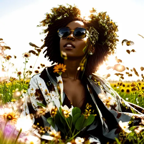 black beautiful woman with sunglasses sitting in a field of flowers, in a field of flowers, girl frontal in a flower field, girl...