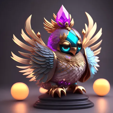 photo of divinestatue inkpunk (extra weapon), a cute little chubby phoenix, made of crystal balls, highly detailed complex conce...