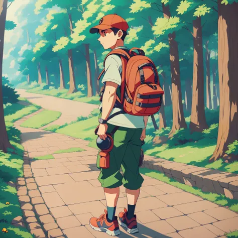 a cartoon of a man with a backpack and a backpack, pokemon trainer, pokemon trainer outfit, official character art, !!full body ...