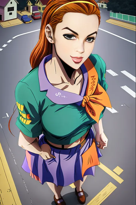 Obra-prima, melhor qualidade, 1Girl, Solo, Gigante, Gigante, (((Towering You)))), (Full Body), Absurdres, ((solo)), 1Girl, Hairband, Medium Small Breasts, Parted Lips, Smile, Serafuku, Green Shirt, Short Sleeves, Purple Neckerchief, (Streets, Outdoors, Ora...