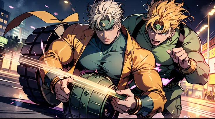 two dio brandos rapping together, on a road roller, over a road roller, adove a road roller, concert with lots of people, night ...