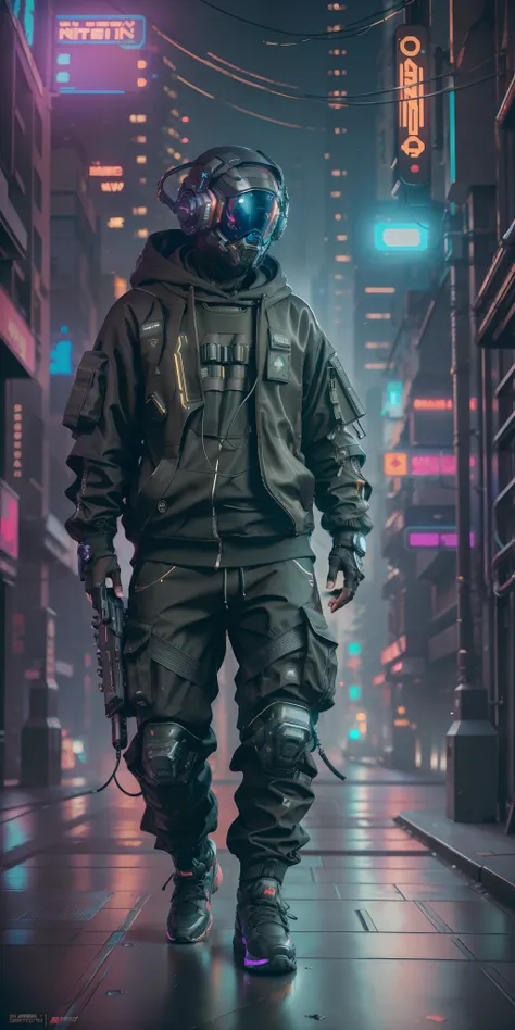 (masterpiece, full body shot, intricate raw photography) cyberpunk citizen, comfortable oversize black hoodie, black cargo pants...