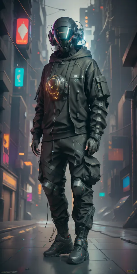 (masterpiece, full body shot, intricate raw photography) cyberpunk citizen, comfortable oversize black hoodie, black cargo pants...