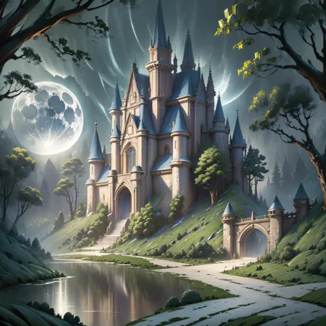 (((masterpiece)))), high quality, ultra-detailed, disney style, full moon, lush forest, trees, a small stream, exotic beings, st...