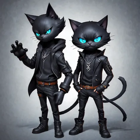 character standing looking forward, (Cat) anthropomorphic black, with black jacket, metalhead, bad boy, cute, cute, short, dreamworks cartoon, 3D painting