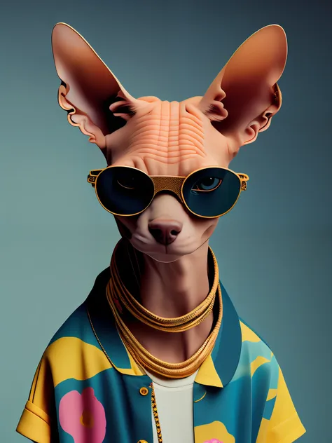 a hairless cartoon cat wearing sunglasses and a flowered shirt with a chain around its neck and earrings in its ears