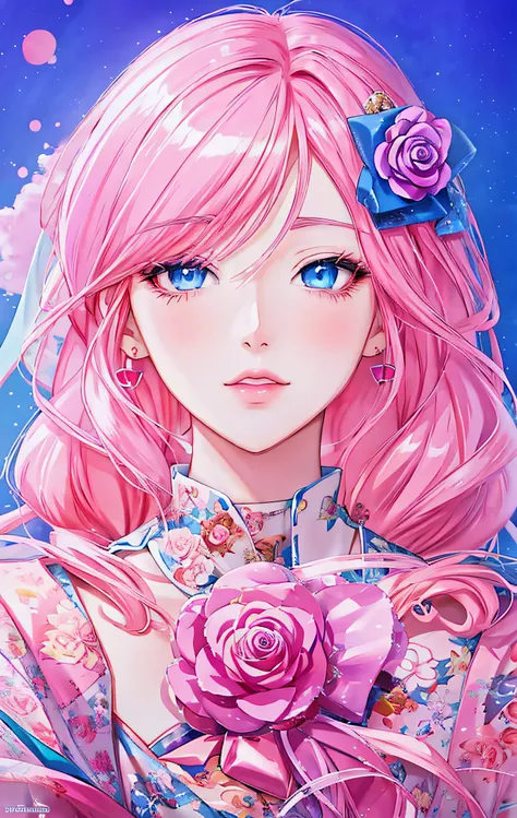 anime girl with blue eyes and pink hair holding a rose, anime digital art, stunning anime face portrait, beautiful anime face, beautiful anime portrait, anime art wallpaper 4k, anime art wallpaper 4 k, beautiful fantasy anime, beautiful anime girl, digital...