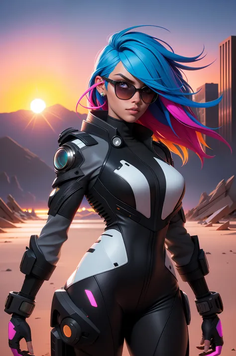 a pretty girl with neon colored hair wearing large mirrored shattered sunglass that reflect the sunset, matte finished black and chrome suit, desert ruin new york background, hyper realistic, detailed, hyper detailed, extremely intricate, dramatic, cinemat...