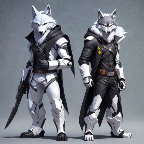 character standing looking forward, (wolf) anthropomorphic white, with black jacket, metalhead, bad boy, cute, cute, short::2, d...