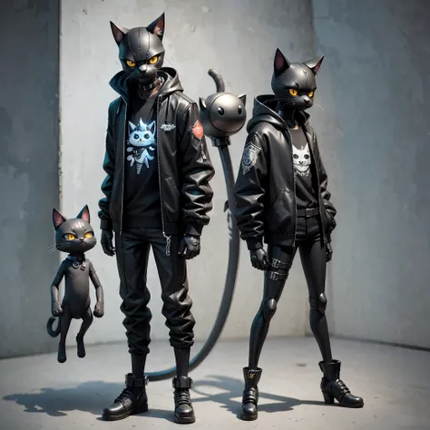character standing looking forward, (Cat) anthropomorphic black, with black jacket, metalhead, bad boy, cute, cute, short, dreamworks cartoon, 3D painting