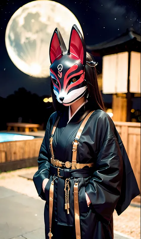 fox mask person with fox mask on face, woman, jet black, long coat, shorts, full moon, moonlit night, japan castle