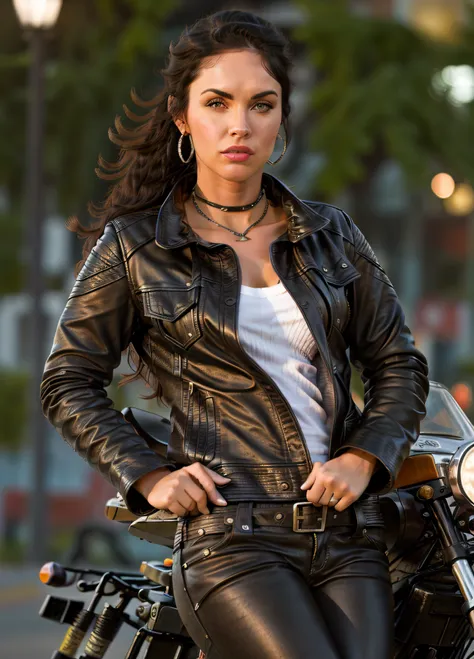 full body, hyper realistic, beautiful angry woman with biker gang, black leather jacket, switchblade knife, motorcycle, 1950's s...