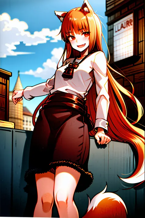 holo, masterpiece, best quality, absurdres, 1girl, looking at viewer, standing, cowboy shot, shirt, medieval, city, street, neck pouch, fang, smile, slender, tail
