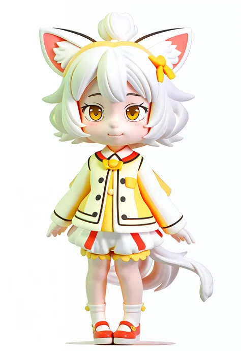 a painting of a girl with cat ears and pure yellow bloomers, pure white hair, pure yellow clothes with a red bow, white ears, ye...