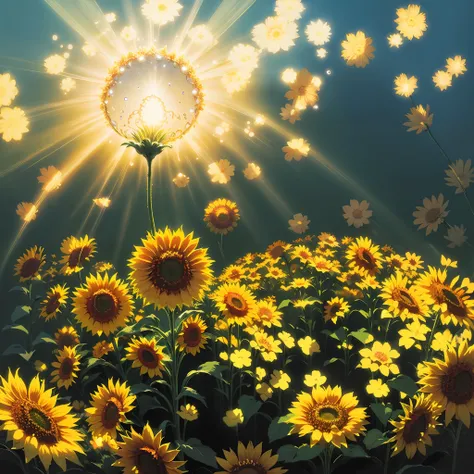 sunflower, super transparent, holy light, beautiful spectrum light, bright petals, sparkling, transparent light droplets, reflected light, bright, light flowing in, optics, portrait silhouette, sharp focus, magical, intricate, hyper-realistic, fantasy, com...