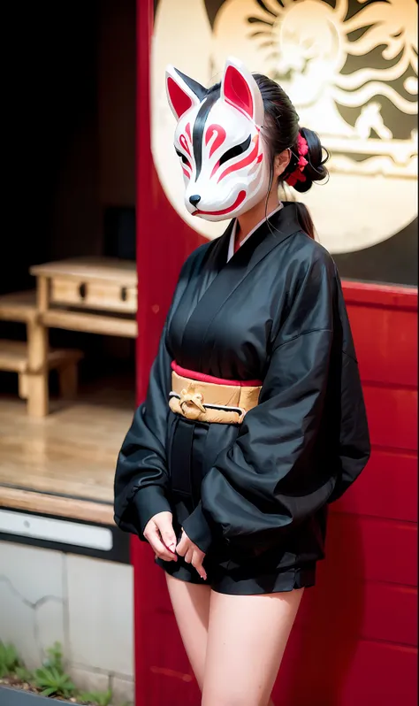 samurai, shogun, swordsman, fox mask person wearing fox mask on face, woman, jet black, long coat, shorts, red full moon, moonli...