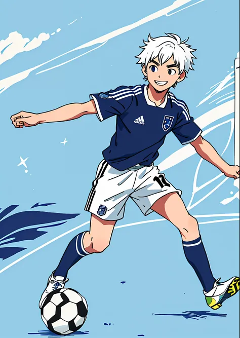 boy (19 years old),short white hair messy,9sface,sportswear, full body, soccer,soccer field,holding the ball,japanese national t...