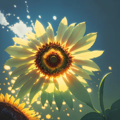 sunflower, super transparent, holy light, beautiful spectrum light, bright petals, sparkling, transparent light droplets, reflected light, bright, light flowing in, optics, portrait silhouette, sharp focus, magical, intricate, hyper-realistic, fantasy, com...