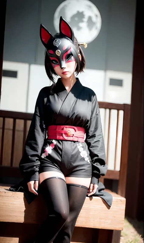 night, samurai, knee high boots, fox mask person with fox mask on face, woman, jet black, long coat, shorts, red full moon, moon...