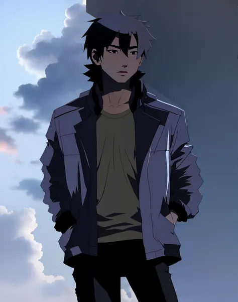 young young asian boy thin delinquent wearing a coat with his hands in his pockets