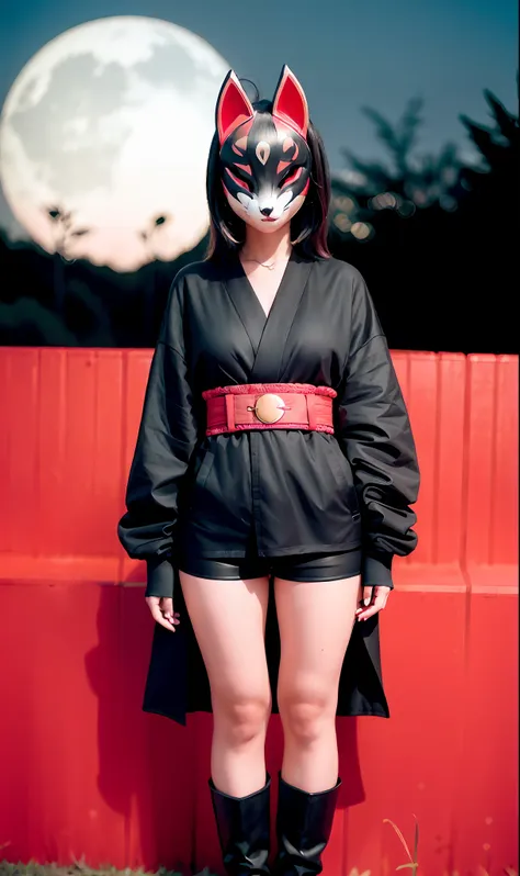 night, samurai, knee high boots, fox mask person with fox mask on face, woman, jet black, long coat, shorts, red full moon, moon...