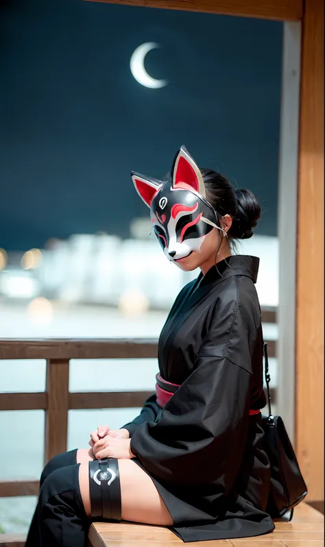 night, samurai, knee high boots, fox mask person with fox mask on face, woman, jet black, long coat, shorts, red full moon, moon...