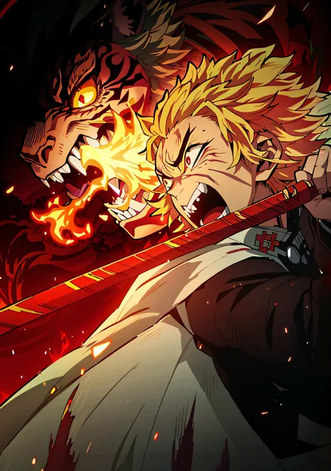rengoku kyojuro, demon slayer artstyle, badass anime 8 k, kimetsu no yaiba, anime key art, demon slayer rui fanart, demon slayer, official art, cute guy in demon slayer art, blazing infero, key art, main anime visuals, anime key art, anime key visual", key...