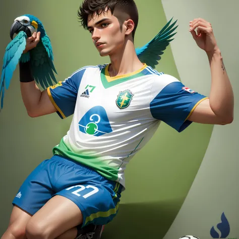 (White Brazilian soccer sports shirt, with some green and blue details inspired by blue macaws) full body